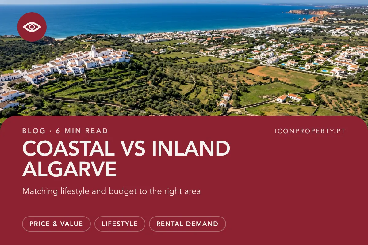 Aerial view of the Algarve coastline meeting the inland hills, Algarve, Portugal, illustrating the contrast between coastal and inland living