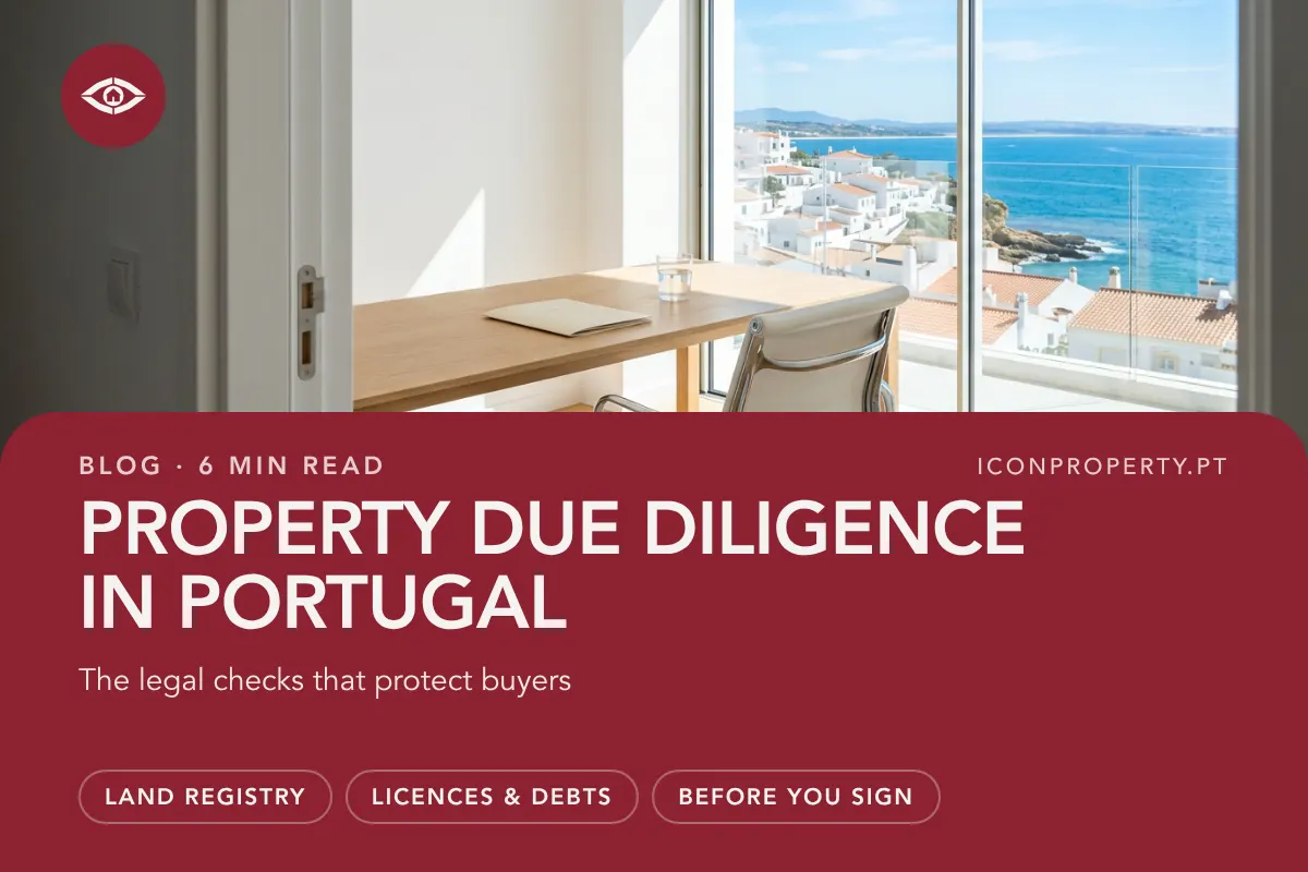 Desk with a sea view in the Algarve, Portugal, illustrating the calm legal review a buyer completes before signing.