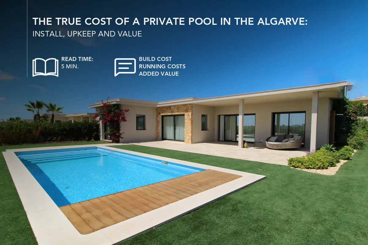 Private pool cost Algarve: blue private swimming pool beside a villa in the Algarve, Portugal, illustrating installation and upkeep costs.