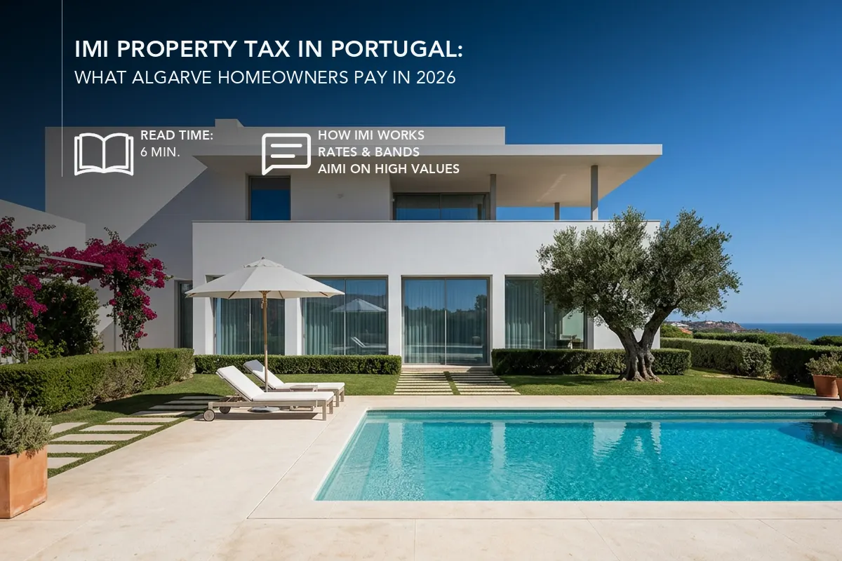 IMI property tax in Portugal: whitewashed Algarve villa, Portugal, illustrating annual municipal property tax for homeowners in 2026.